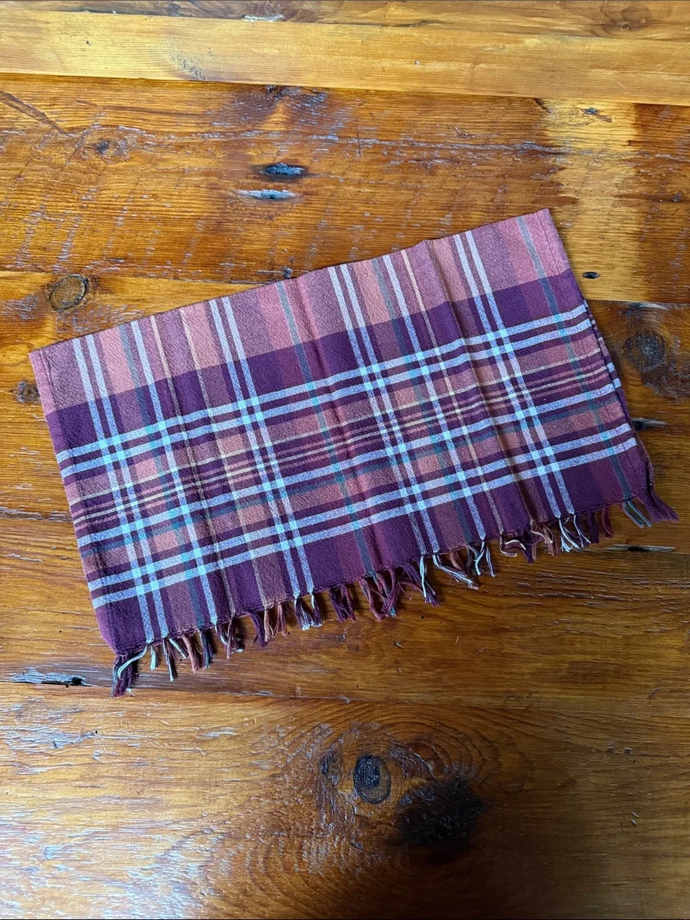 🍂 8 Plaid Fringe Set of Burgundy and Orange Cotton Napkins